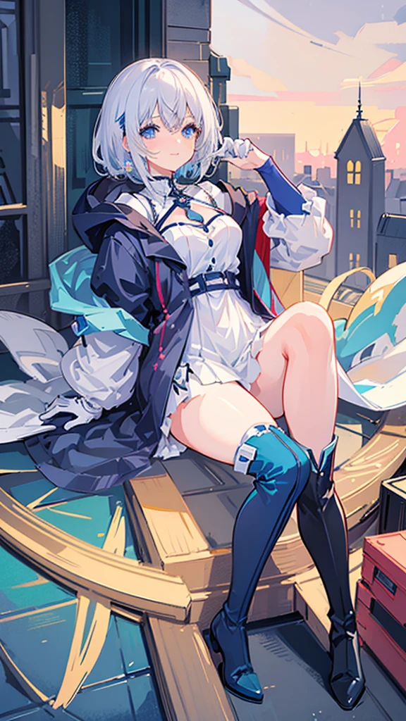 beautiful, masterpiece, Highest quality, anime, One girl, C Cup,Portrait Shot, View your viewers, Covered、Short Hair、nearby、Blue Eyes、art、、White hair,Blue streaked hair、wallpaper、hairpin、Cute smile、Thighs、Blue-black_Gloves、Blue-black_Knee-high boots、Cute、Fantasy clothes