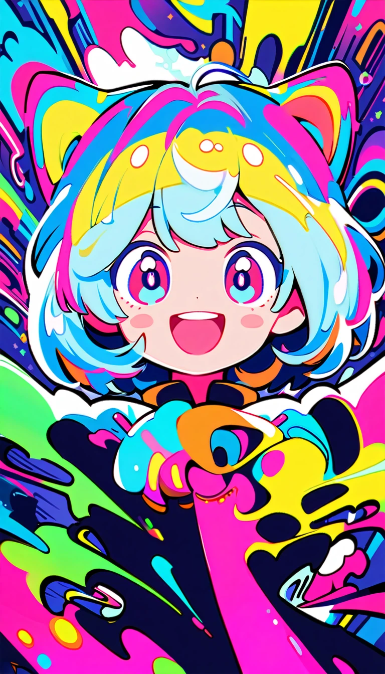 Vibrant art,pop、bright、colorful, 1 female, Light blue hair, short hair、Happy,cute, animation style, kawaii, clearly, colorful cyberpunk, bubblegum pop, cute、Pink and light blue as main colors、I'm cheering loudly、 Headphonesをしている、Headphones、music、whole body、Head to Toe、