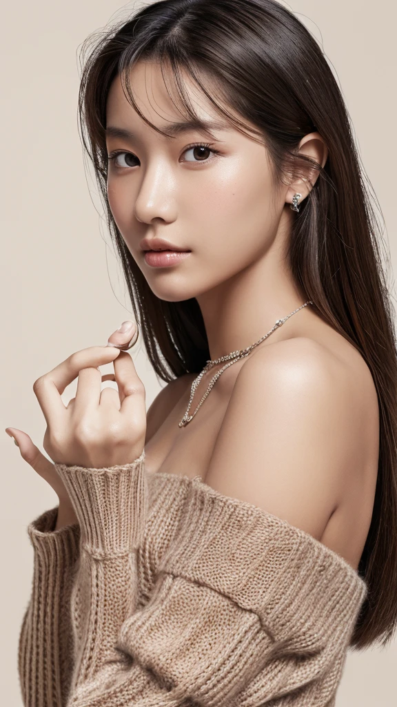 (masterpiece,最high resolution,high resolution:1.3),
(8k,Raw photo,photo real:1.2),(Glossy skin),
(Muscles are fresh and fine,Yan detailed,Eye details:0.5),
1girl in, age19, asian, Solo, Long hair, Colossal , Looking at Viewer, Bare shoulders, Brown eyes, jewely, Full body, a necklace, off shoulders, Sweaters, Realistic, A sexy—no hands
(worstquality,low quality:2),(painting,sketch,flat color),
monochrome,grayscale,
ugly face,bad face,bad anatomy,deformed eyes,Chipped finger,
(acne:1.1),(skin stains:1.1),mole