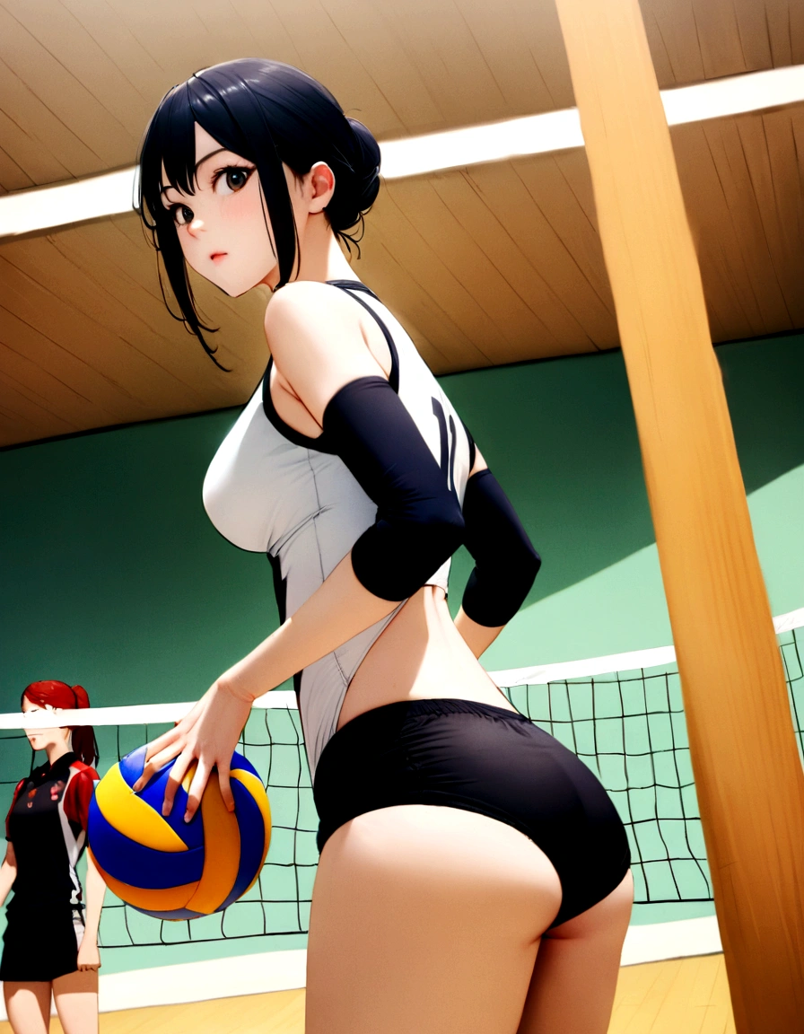there is a woman in a black and white top and a volleyball ball, wearing a volleyball jersey, volleyball, Physically sporty, Sports bra and shorts, Sports bra and dark blue shorts, Buckshot, Service Organizations, lower angle, Tight black tank top and shorts, Japanese Model, Wearing a leotard, 白いWearing a leotard, West Shot,
