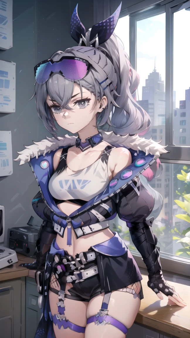projektmelody, melody, hair ornament, multicolored hair, ponytail, purple hair, big breasts, highlighted hair, triangle hair ornament, two tone hair, sea green eyes, (small breasts:1.2),
BREAK bandaid, Plaster on the face, nose bandage, bare shoulders, (well belted:1.5), elbow gloves, fingerless gloves, gloves, grey gloves, grey swimsuit, grey thigh high, high heels, swimsuit, ponytail, thigh high, white shoes,
BREAK looking at viewer,
BREAK indoors,
BREAK (masterpiece:1.2), Best quality, A high resolution, unity 8k wallpaper, (illustration:0.8), (beautiful detailed eyes:1.6), very detailed face, perfect lighting, extremely detailed computer graphics, (perfect hands, Ideal Anatomy),
