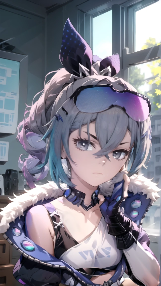 beautiful, masterpiece, Highest quality, anime, One girl, C Cup,Portrait Shot, View your viewers, Covered、Short Hair、nearby、Blue Eyes、art、、White hair,Blue streaked hair、wallpaper、hairpin、Cute smile、Thighs、Sci-fi hair accessories、Sci-fi knee-high boots、Cute、Sci-fi body stockings、blue sky、、Beautiful breasts、Sci-fi full harness