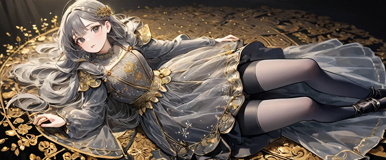 girl, Gold and silver embroidery, Platinum and pearl medieval long dress(With panniers), Translucent fabric, Pull up the dress by hand, Strong winds, Translucent slip, Grey translucent tights, 8歳のgirl, Gold and silver embroidery, medieval mini dress(With panniers), Translucent fabric, Pull up your skirt, Strong winds, Translucent slip, Grey translucent tights, Peeking from below, Highest quality, Disorder of clothing, Lying down, underwear, Show off your thighs, night, Skirt lining