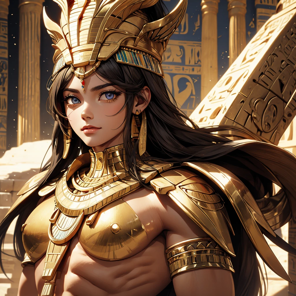 A lovely PHARAOH beautiful body and face, bigger eyes, ANCIENT EGYPT themes in background Egyptian themes.