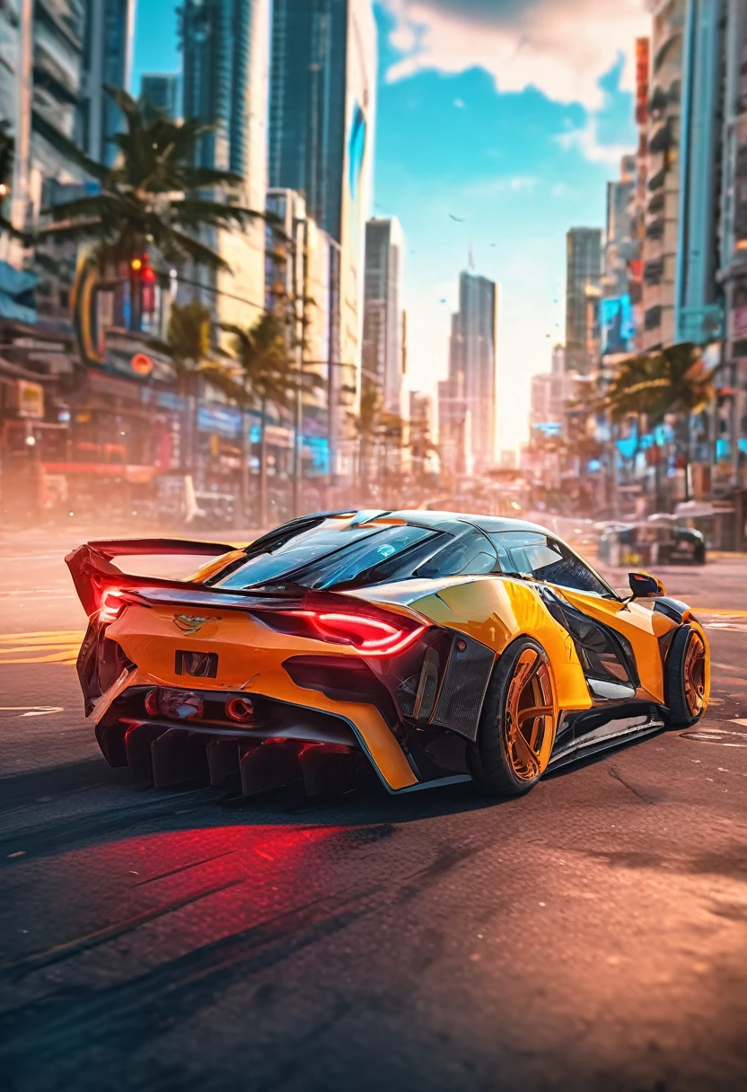 Sports car racing down cyberpunk Miami city, Cyberpunk Car wallpaper, bright sunny day, beautiful cloudy sky, perfect car anatomy and proportions, streets neon signs and debris, exciting epic action camera, masterpiece quality phone wallpaper, sharp details, (masterpiece:1.2) (photorealistic:1.2) (bokeh) (best quality) (intricate) (8k) (HDR) (cinematic lighting) (sharp focus)