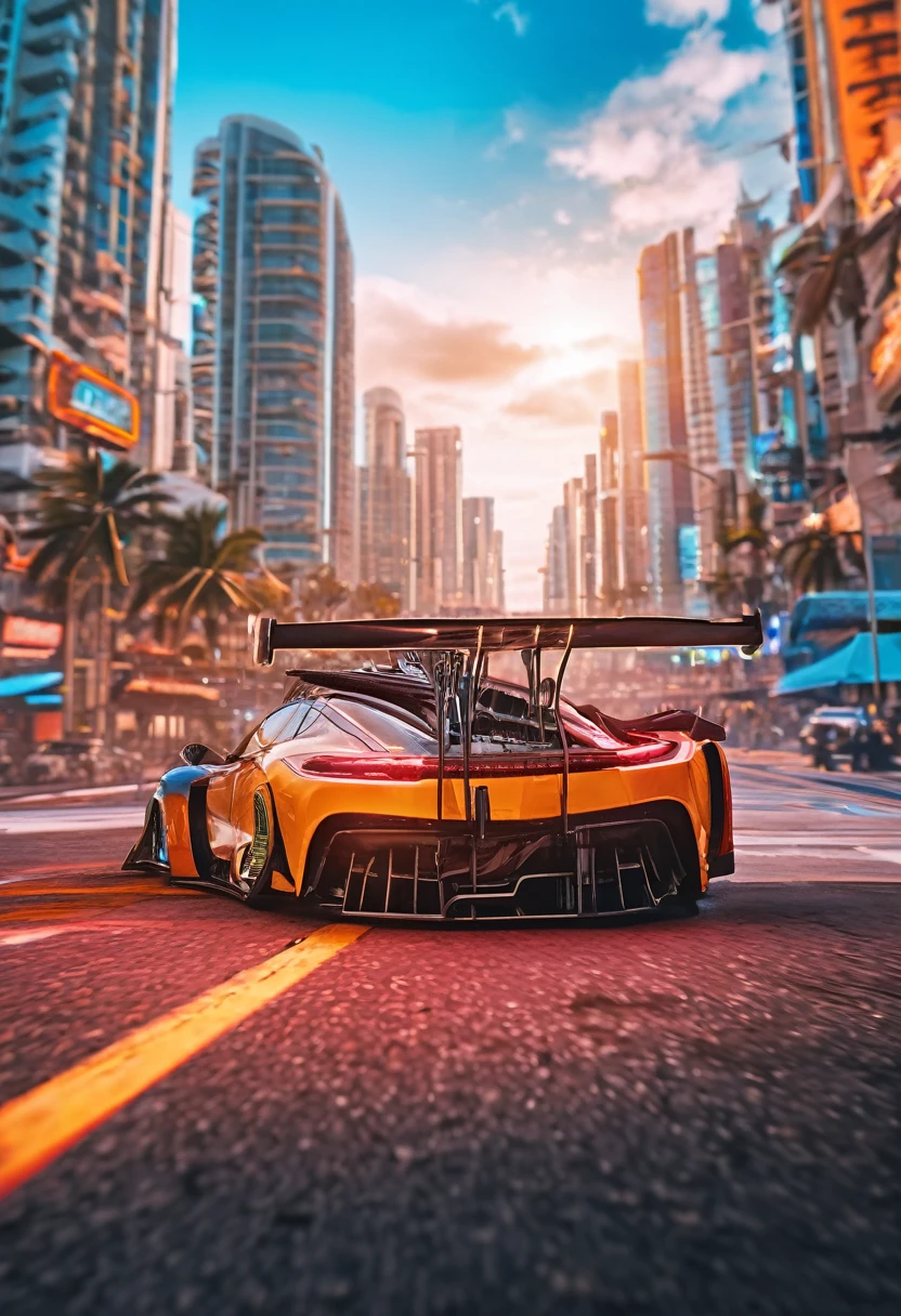Sports car racing down cyberpunk Miami city, Cyberpunk Car wallpaper, bright sunny day, beautiful cloudy sky, perfect car anatomy and proportions, streets neon signs and debris, exciting epic action camera, masterpiece quality phone wallpaper, sharp details, (masterpiece:1.2) (photorealistic:1.2) (bokeh) (best quality) (intricate) (8k) (HDR) (cinematic lighting) (sharp focus)