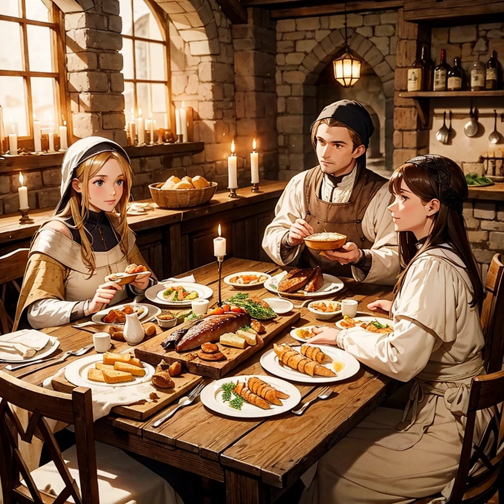 medieval meal in the table, roasted goose, bread and milk with medieval vibes no people