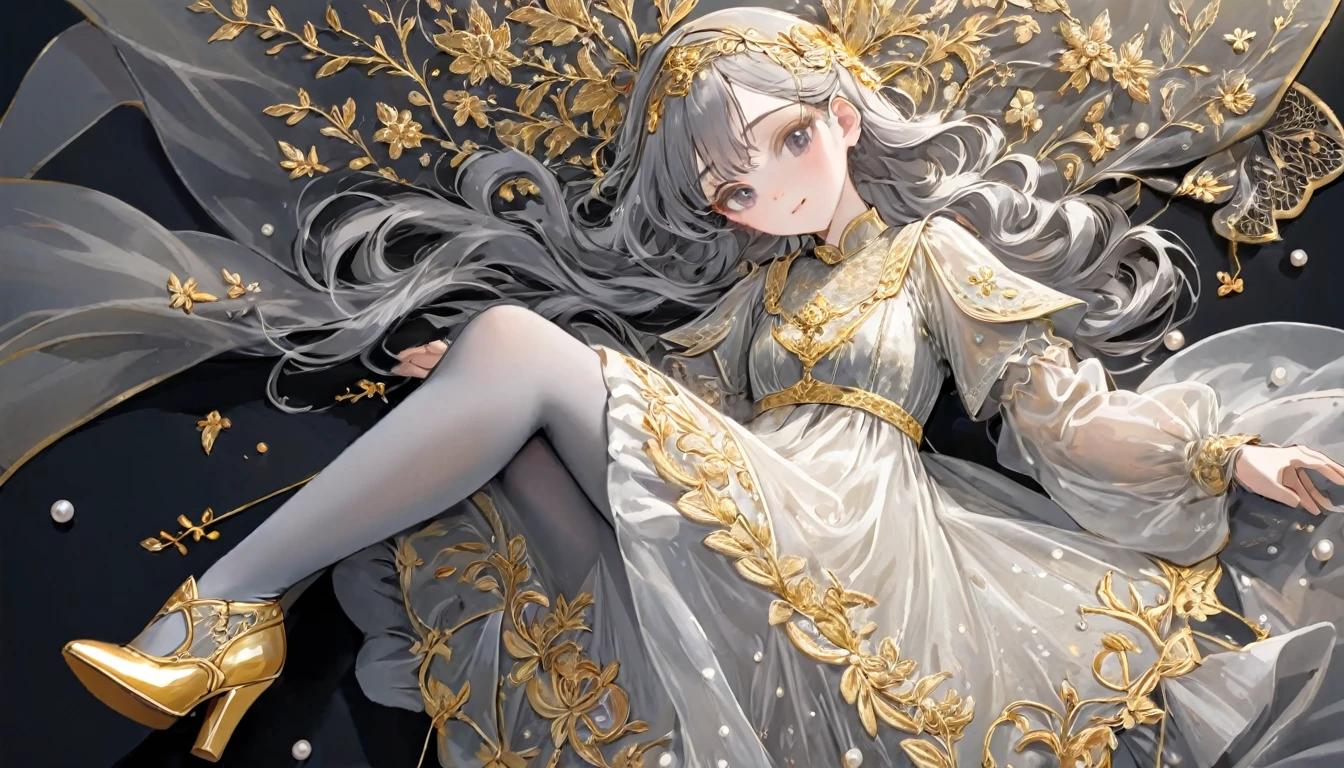 girl, Gold and silver embroidery, White-gray pearl medieval long dress(With panniers), Translucent fabric, Pull up the dress by hand, Strong winds, Translucent slip, Grey translucent tights, Peeking from below, Highest quality, Disorder of clothing, sit