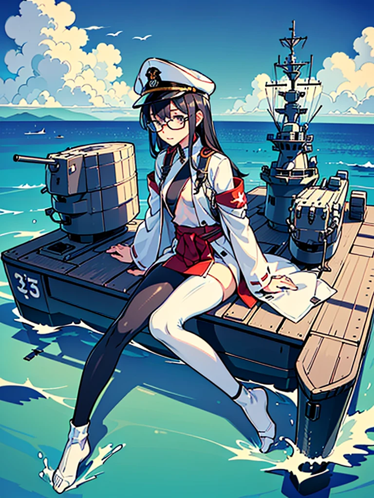 ((((Full body of a woman with perfect flat chest、Short unkempt black hair、white military jacket、Miko costume、tights、Black glasses、White military cap、Cloudy eyes、Sleepy expression)))), (((masterpiece))), (((Shipgirl))), ((Floating on the morning sea with both feet)), (Spread your legs wide open), (Hold the turret with your right hand), (Mechanical arms extending from the waist are used to equip the ship with battleship equipment.), (Equipped with a turret on the back), (Holds the turret with his left arm), Torpedo tubes strapped to thighs, Spreading the Machine's Wings, Machine tail, shotgun,