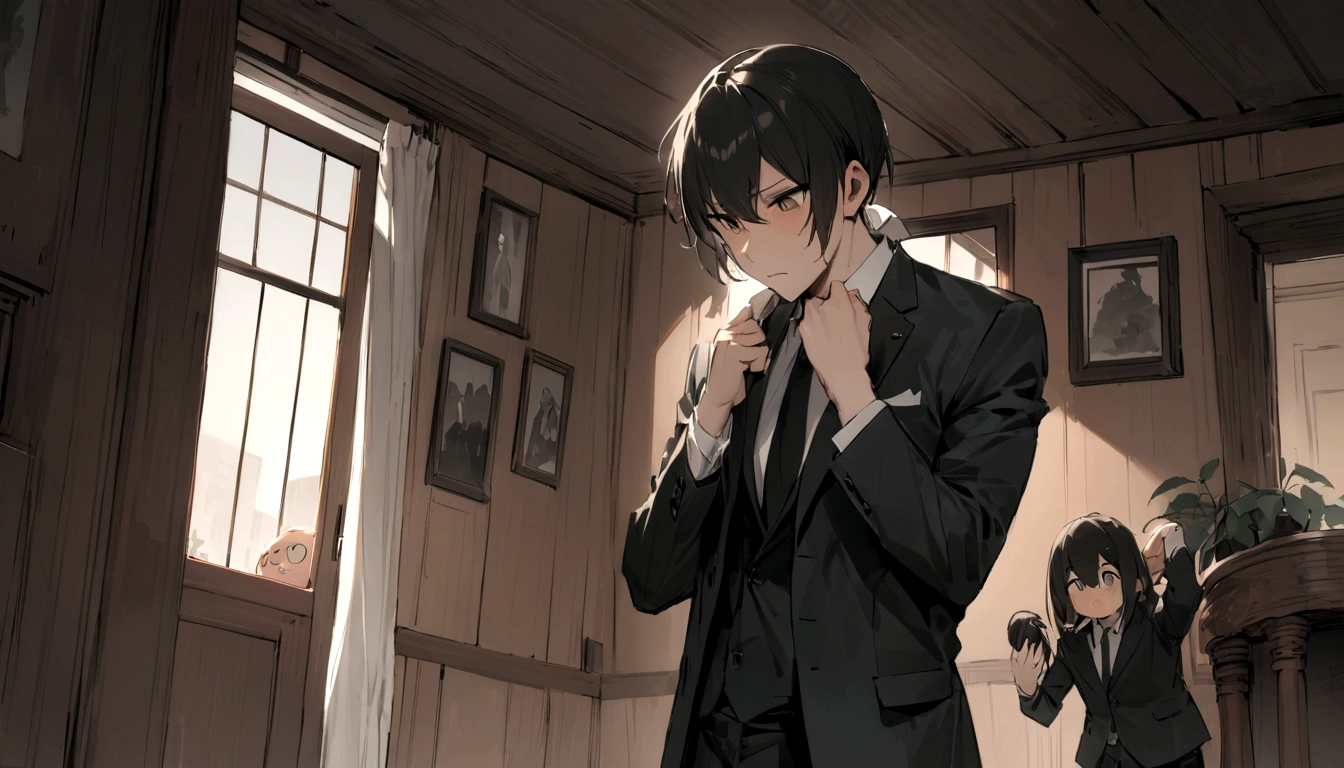 Best Quality, Masterpiece, Ultra-high resolution,30 years old、In a suit、I'm worried、Holding his head、Inside the house
