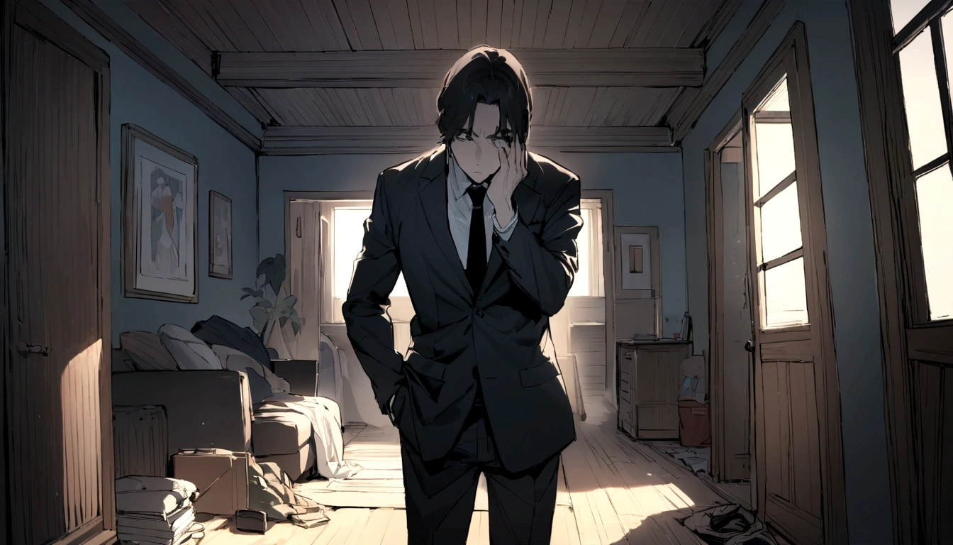 Best Quality， Masterpiece， Ultra-high resolution，30 years old、In a suit、I&#39;m worried、Holding his head、Inside the house