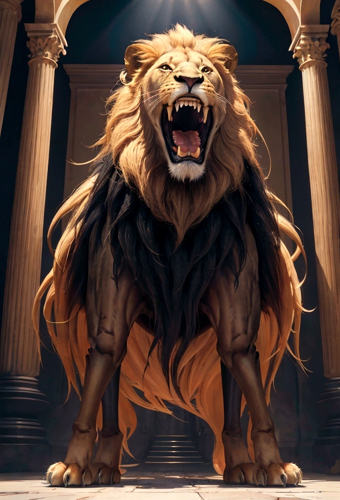 Lion with open mouth, full length, stands on two legs, a lush mane, mouth open, fangs and teeth visible, realistic style, full length на двух лапах, excellent quality