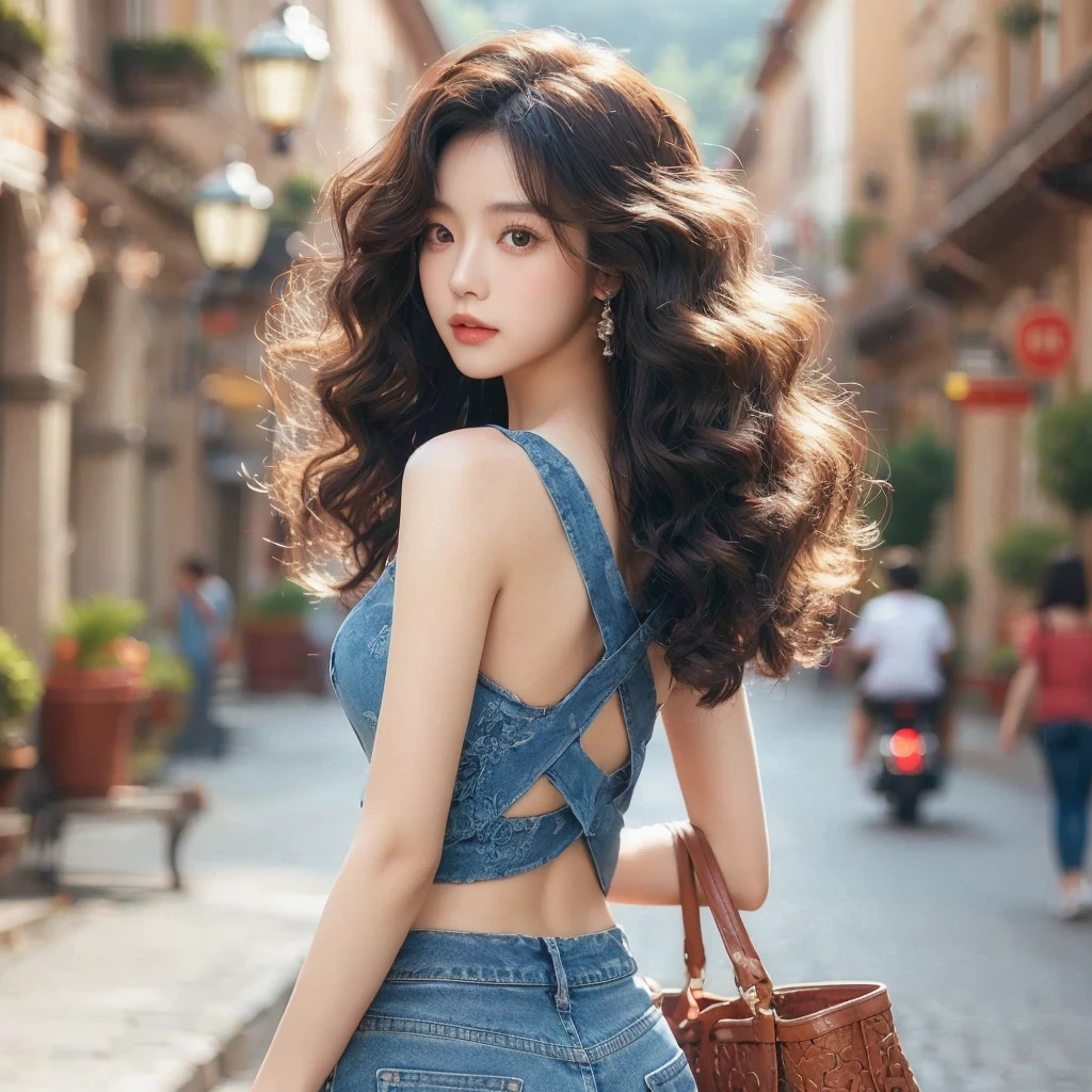 a beautiful chinese girl, romantic curls hairstyle, wearing a denim cross back top, jeans pant, a town square, extremely detailed, photorealistic, high quality, intricate details