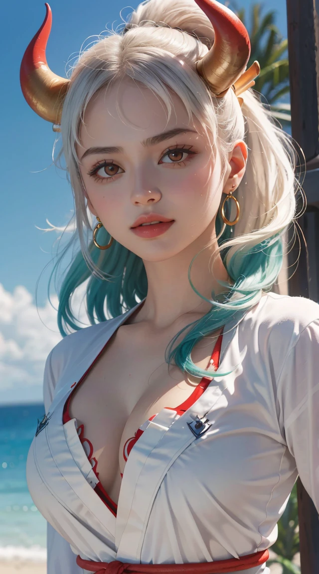 Masterpiece, Best quality, 1womanl, A high resolution, Beautiful girl , yamatowanpi,Large breasts,cleavage,White color blouse,looks into camera,Bust photo,Raised sexy,Be red in the face,Sea background,ssmile