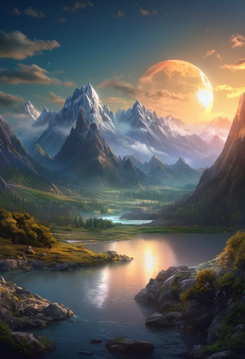 mountains with a river in the foreground and a full moon in the sky, 4k highly detailed digital art, 8k stunning artwork, 4k detailed digital art, beautiful art uhd 4 k, epic dreamlike fantasy landscape, impressive fantasy landscape, 8k high quality detailed art, digital art 8k, digital art 8 k, mystical fantasy landscape, amazing mobile wallpaper