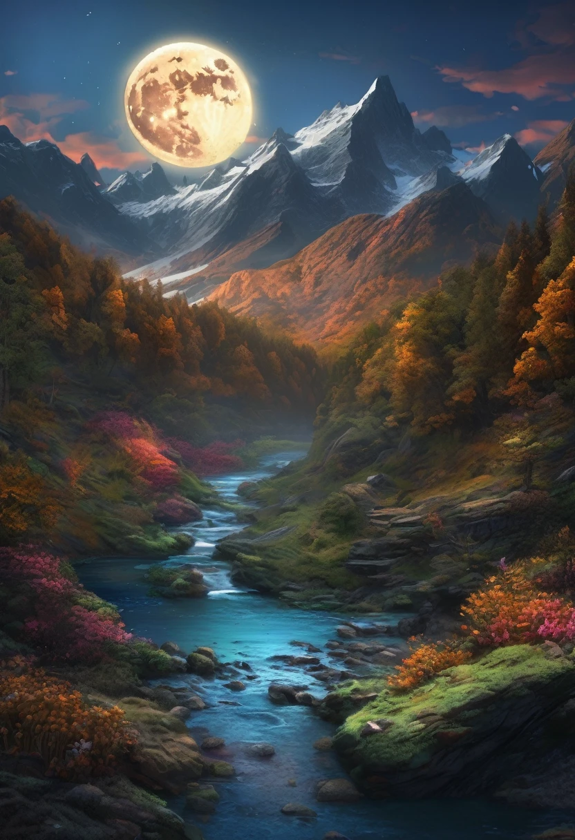 mountains with a river in the foreground and a full moon in the sky, 4k highly detailed digital art, 8k stunning artwork, 4k detailed digital art, beautiful art uhd 4 k, epic dreamlike fantasy landscape, impressive fantasy landscape, 8k high quality detailed art, digital art 8k, digital art 8 k, mystical fantasy landscape, amazing mobile wallpaper