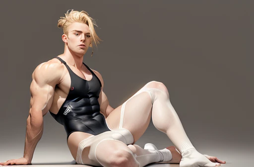 Anime boy in black leotard sitting on floor, Anime boy in white tights sitting on the floor, Anime boy with blonde tied hair sitting on the floor, Strongest Pose, elegant floating pose, wearing leotard, dramatic floating pose, anime pose, Beautiful Boys, Muscular men, relaxed poses, Cool pose, Leotard, Thin shoulder straps, strong pose, doing an elegant pose, pretty face with arms and legs, fully body pose, neutral pose, Poses variadas