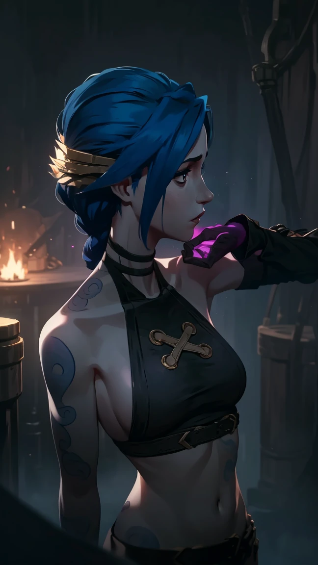 (masterpiece, Best quality), 1 girl, crying, portrait, very sexy, full length (full body 1.1.), очень feminine, Bare breasts, beautiful waist, gloomy composition, flame, fire, Flash, very beautiful, feminine, long hair, hair braided in long braids, very sexy, emphasis on the eyes, face accent, Beautiful face, Hands, Hair, Haired ponytail, tie ,red purple eyes, Джинкс crying, Blue cloud tattoo, (masterpiece, Best quality), Side lighting, beautiful detailed eyes, crazy face), (Best quality), (masterpiece), magic photography, Spectacular lighting, Photorealism, ultra detailed, интимная portraitная композиция, 1. 4,8 k UHD, aesthetic, Cd., A high resolution, 8 k, better lighting, Best shade, Ultra-HD, A high resolution, sharp focus, Complex background, Cinematic lighting, ((Landscape view)), 4K block, (better lighting), ((Cinematic lighting)),