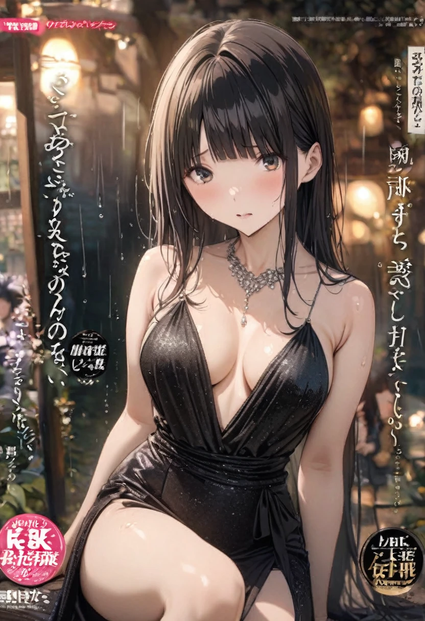Magazine cover(masterpiece, best quality:1.2),woman,shy(((The eyes are delicate)))((Black evening gown)),rain(8K)(HD)