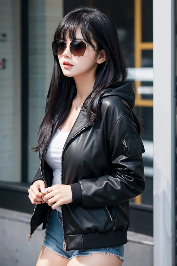 Long Black Hair　Girl wearing long black jacket with hood　tall　Slightly larger breasts　With bangs　Thin legs Sunglasses pushed up