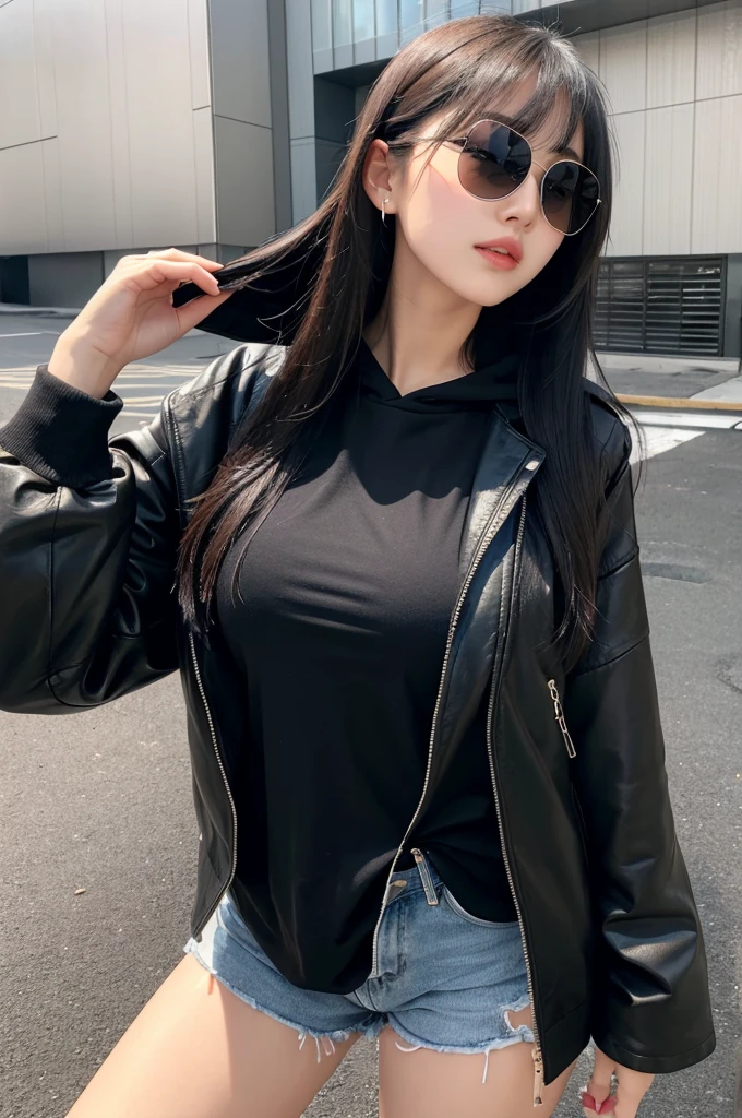 Long Black Hair　Girl wearing long black jacket with hood　tall　Slightly larger breasts　With bangs　Thin legs Sunglasses pushed up