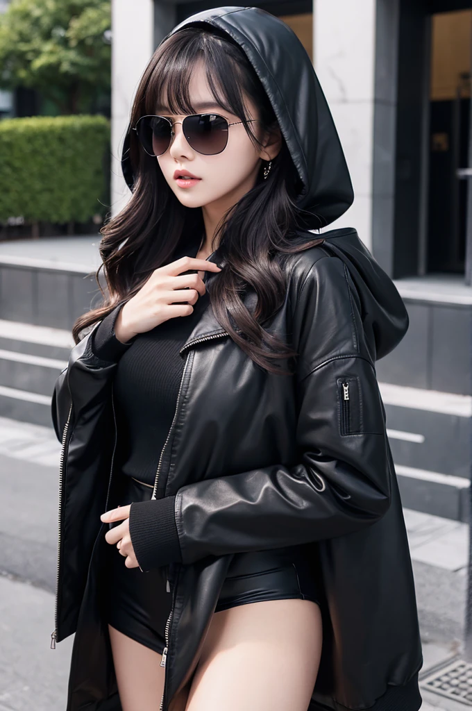 Long Black Hair　Girl wearing long black jacket with hood　tall　Slightly larger breasts　With bangs　Thin legs Sunglasses pushed up