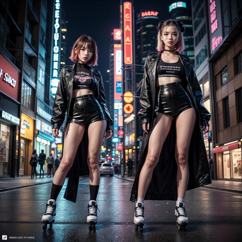 master part, best qualityer, 2 confident cyberpunk girls together, go roller skating, Harajuku-inspired cyberpunk costume, bold colors and patterns, attractive accessories, modern and innovative hairstyle, go roller skating, vibrant makeup, Stunning cyberpunk cityscape, skyscrapers, Neon Signs, led lights, bright, vivid color scheme, アニメ, illustration, Detailed texture skin, detailed cloth texture, beautiful and detailed face, details Intricate, ultra detaild.