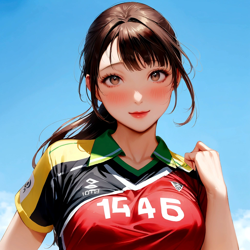 There is a woman wearing a red and black shirt taking a photo., weaAlsog a volleyball jersey, Chiho, sakimichan hdri, Hole in the Motto, kimi takemura, mayuri shiina, Young Gravure Idol, realistic Young Gravure Idol, Also, Young and cute gravure idol, harumi, Sana Takeda