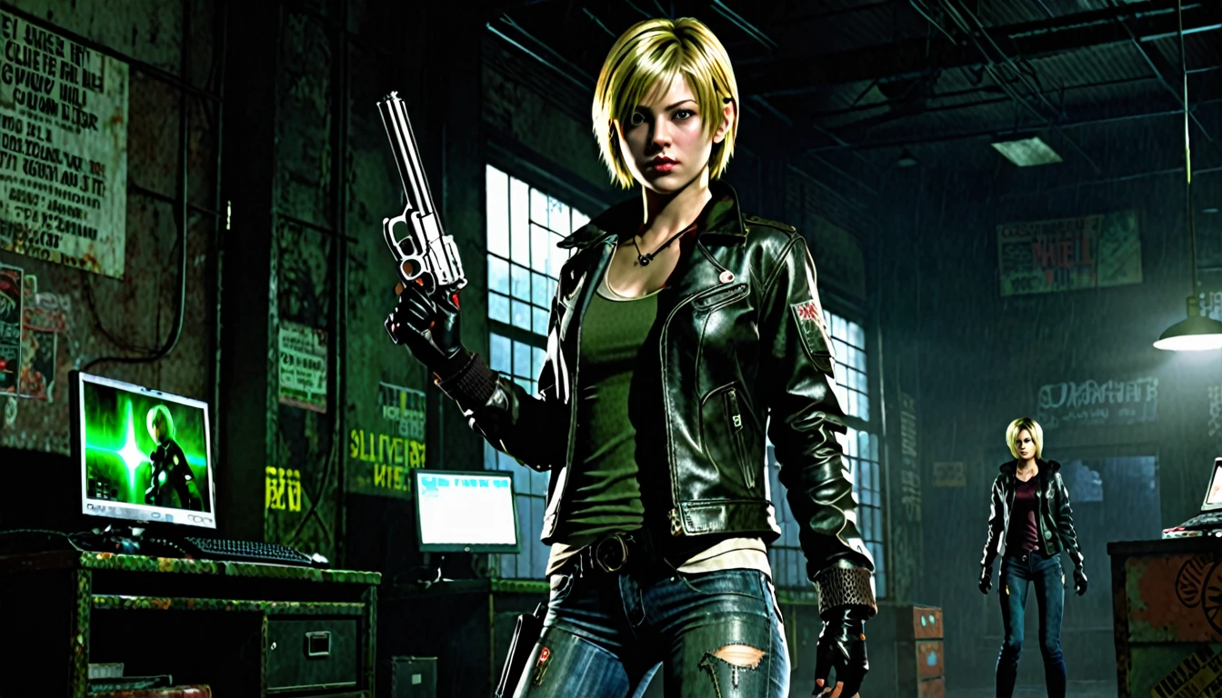 1girl, Heather Mason (Silent Hill 3), blonde hair, short hair, green eyes, one eye glow, 21 years old, leather jacket, gloves, black gloves, jeans, boots, pistol holster, dark warehouse, 1 computer with three led monitors, window, new york cyberpunk, high resolution, masterpiece