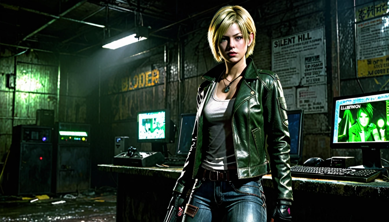1girl, Heather Mason (Silent Hill 3), blonde hair, short hair, green eyes, one eye glow, 21 years old, leather jacket, gloves, black gloves, jeans, boots, pistol holster, dark warehouse, 1 computer with three led monitors, window, new york cyberpunk, high resolution, masterpiece