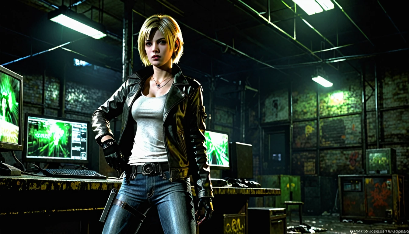 1girl, Heather Mason (Silent Hill 3), blonde hair, short hair, green eyes, one eye glow, 21 years old, leather jacket, gloves, black gloves, jeans, boots, pistol holster, dark warehouse, 1 computer with three led monitors, window, new york cyberpunk, high resolution, masterpiece
