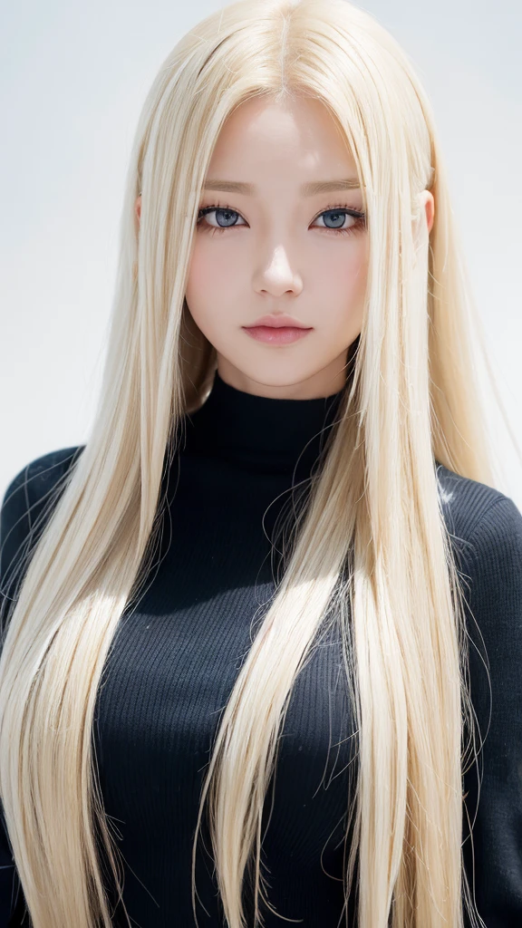 (((forehead、White background、Blonde、Russia、Northern Europe、Upper body close-up)))、sexyな巨乳,25歳の美しい女の子はsexyでかわいい & かわいい美しいsexyな顔, A strong wind blows my hair in front of my face,Beautiful super long metallic blonde straight hair、長い前髪の後ろに隠された美しくキュートでsexyな目、Black ultra short exy、Dynamic Pose