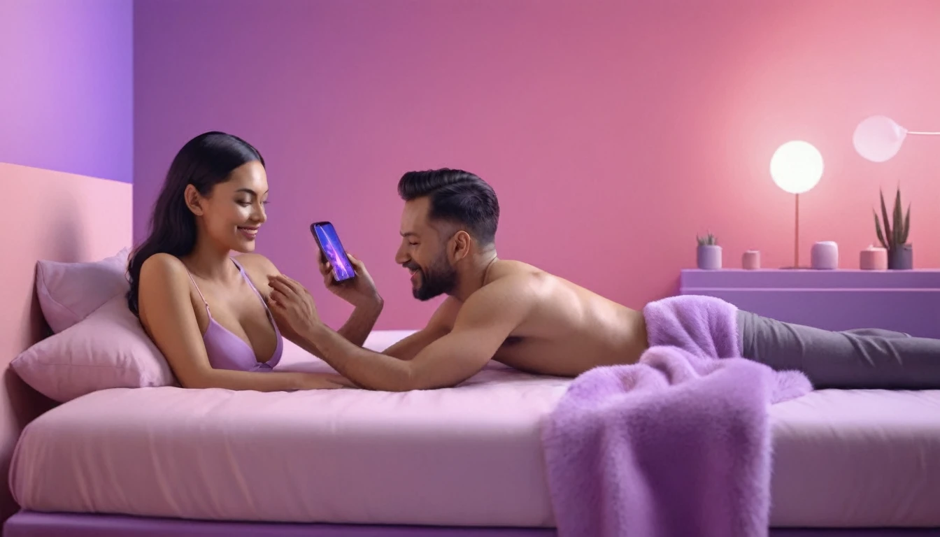 woman wearing bra doing erotic massage to a man on a bed using, she is watching smartphone, while she doing massage she use smartphone, smartphone in her hand, sensually, orgasm, mans mouth flirtingly smiling, liquid drops, skin, minimalistic, in a light purple and pink style, with soft edges and blurred details, with a 3D render, on a colorful background, with a minimalist stage design, in a surreal style, with a cinema4D rendering, with a minimalist style, with low saturation, using gradient colors, with a cinema4D rendering, with a blender rendering, with super detail, at a super high resolution, at a super high definition
