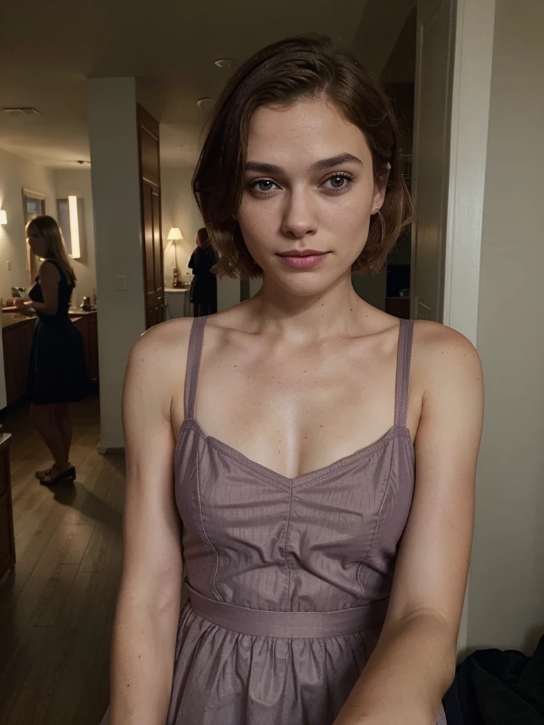 Daisy Ridley in a short tight dress smiling provocatively