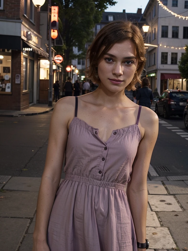 1 swedish girl, cheap phone camera quality, solo, southern belle, [Keira Knightley:0.8], dark strawberry blonde ((short)) hair, freckles, blue eyes, (Swedish face, swedish body), 25 years old, BREAK, (((selfie))), ((she's wearing: mauve dress)), sexy, seductive, smile, ((background: busy street)), BREAK, snapchat, (at night, dim light, harsh shadows), (((Infinite focus)))

