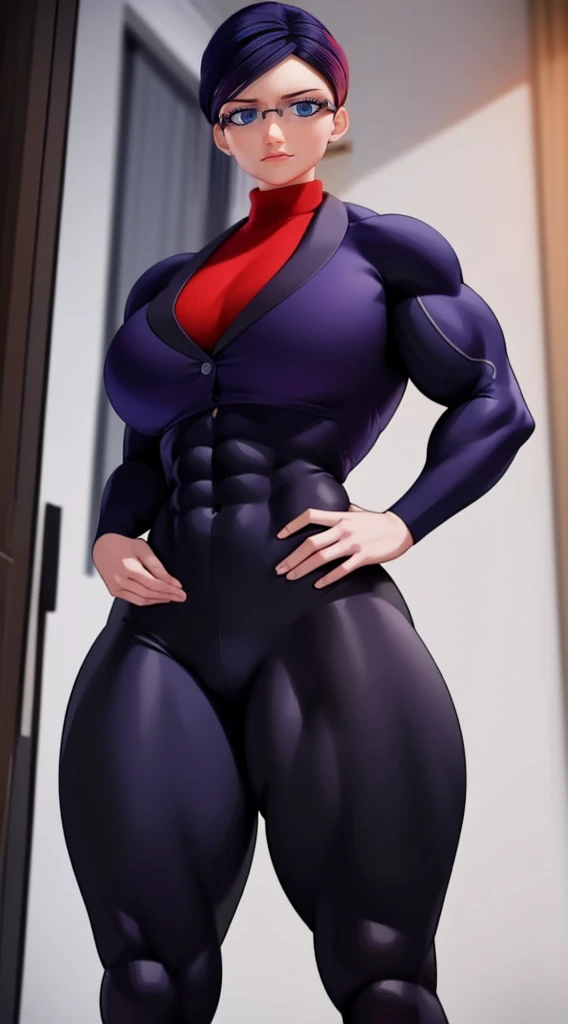 a muscular female bodybuilder in red bra inside office suit and her hair is dark blue and a bit red from end to the right side of head, detailed face, beautiful detailed eyes, beautiful detailed lips, extremely detailed face and muscles, long eyelashes, strong muscles bulging through suit, dynamic pose, professional studio lighting, hyperrealistic, 8k, high quality, photorealistic, physically-based rendering, concept art, dramatic color palette,((abs))