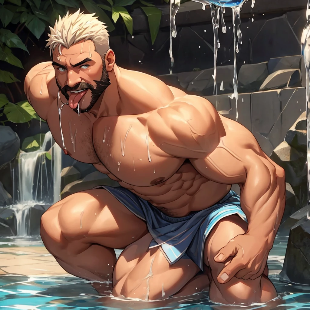 modern Middle-aged men Large Muscular naked A few drops of water dripping down from one knee、Sticking out his tongue and trying to lick