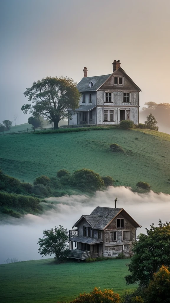 an epic landscape, fog an old house in the midle, 