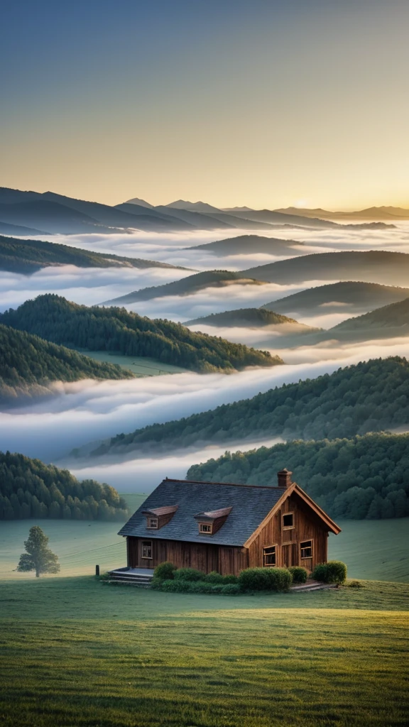 an epic landscape, fog an old house in the midle,