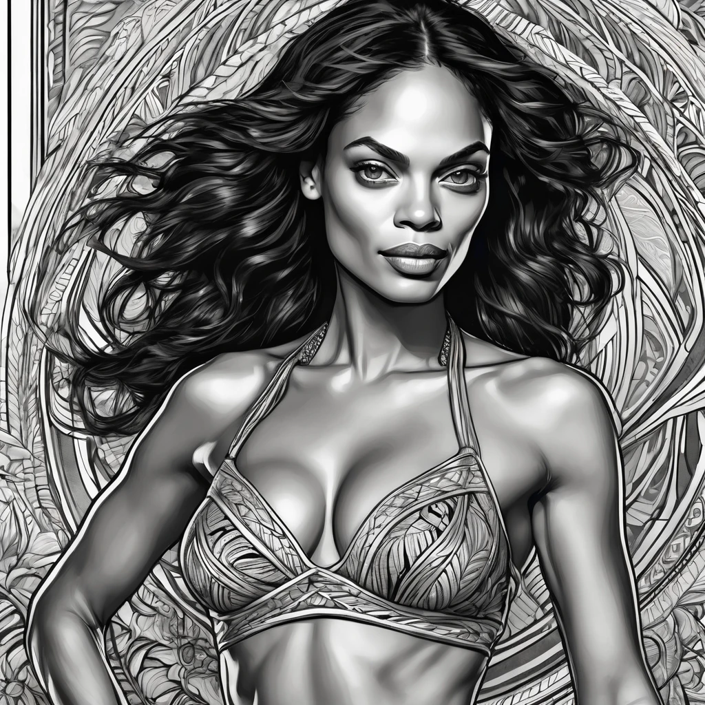 a beautiful attractive african american woman,(Aesthetic representation of Rosario Dawson as Ashoka Tano), nude skin, full body(important),athletic physique, well-toned and fit body, slender, elegant form, nude skin, intricate detailed face, detailed eyes, detailed nose, detailed lips, Hyper realistic, 8K, coloring pages for adults, intricate and bold ink illustration, incredibly detailed lines, detailed drawing in black and white, ink art,