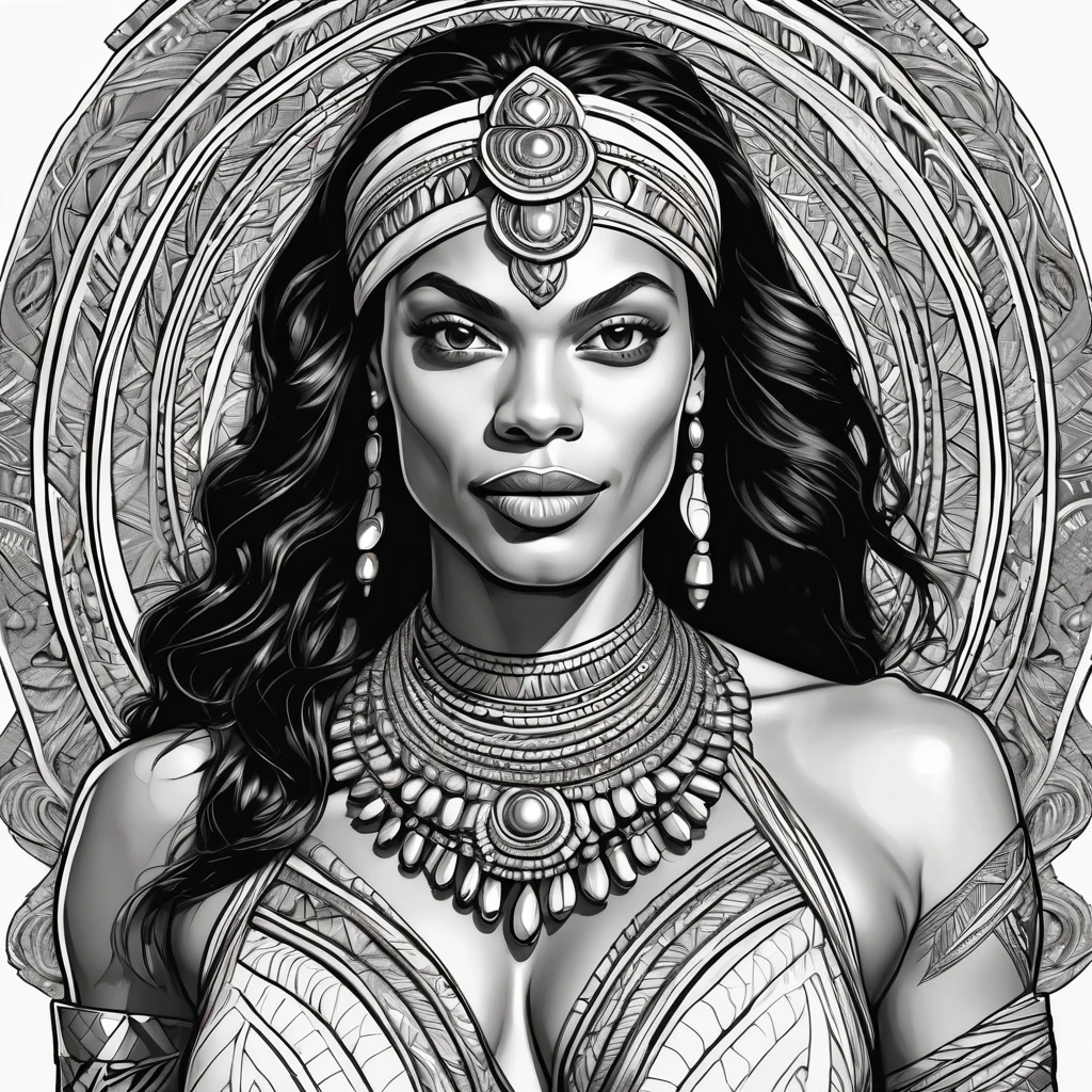 a beautiful attractive african american woman,(Aesthetic representation of Rosario Dawson as Ashoka Tano), nude skin, full body(important),athletic physique, well-toned and fit body, slender, elegant form, nude skin, intricate detailed face, detailed eyes, detailed nose, detailed lips, Hyper realistic, 8K, coloring pages for adults, intricate and bold ink illustration, incredibly detailed lines, detailed drawing in black and white, ink art,