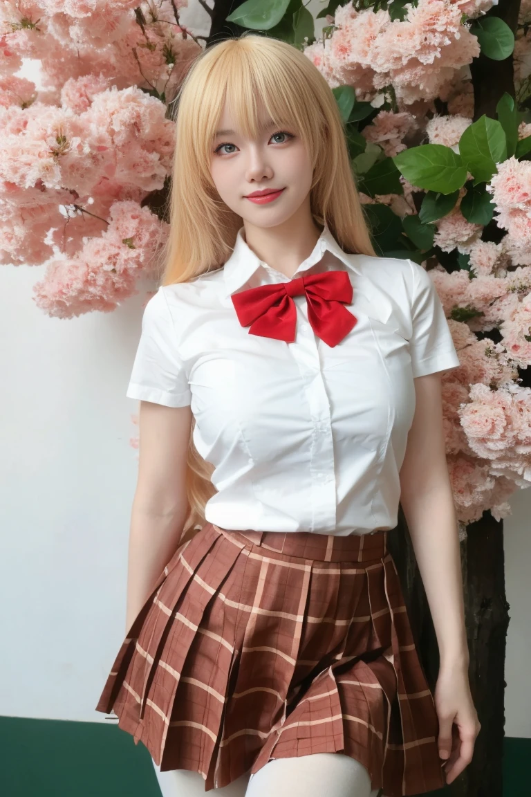 best quality, tmasterpiece,Ultra-high resolution,Clear face,(Reality:1.4),ferpect lighting,(upper body shot:1.5), (photorealistic:1.50), anime wallpaper, Guviz style artwork, cover-up fantasy up to magic , by Yang J, Guviz, beautiful artwork illustration, beautiful digital artwork, beautiful digital illustration, Li Song, beautiful anime portrait, art style in Beauvot, 1girl,独奏,thanks, long hair, red bowtie, white shirt, short sleeves, plaid skirt, brown skirt, pantyhose, standing, cowboy shot, leaning forward, arms behind back, outdoors, cherry blossoms, smile, open mouth, blonde hair,