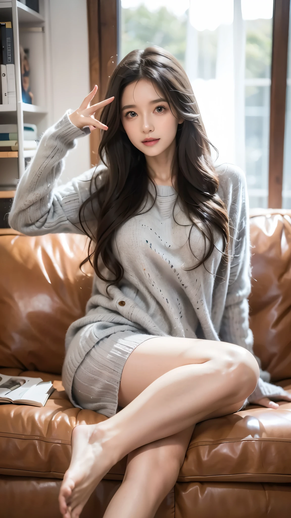 masterpiece,best quality,illustration,ultra detailed,hdr,depth of field,(colorful),pvc style,1girl,long hair,elaina (majo no tabitabi),solo,barefoot,ahoge,sweater,sitting,looking at viewer,smile,indoors,wariza,blue eyes,blurry,open mouth,book,grey hair,blurry background,bare legs,long sleeves,reflection,feet,hair between eyes,window,grey sweater,index finger raised,cable knit,aran sweater,:d,toes,legs,artist name,full body,very long hair,soles,