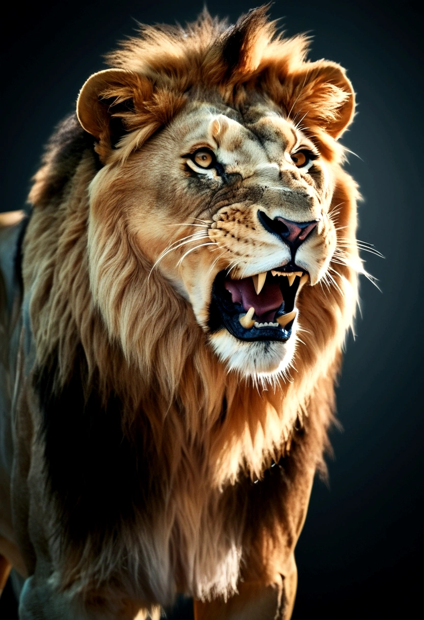 Lion with open mouth, full length, stands on two legs, a lush mane, mouth open, fangs and teeth visible, realistic style, high quality