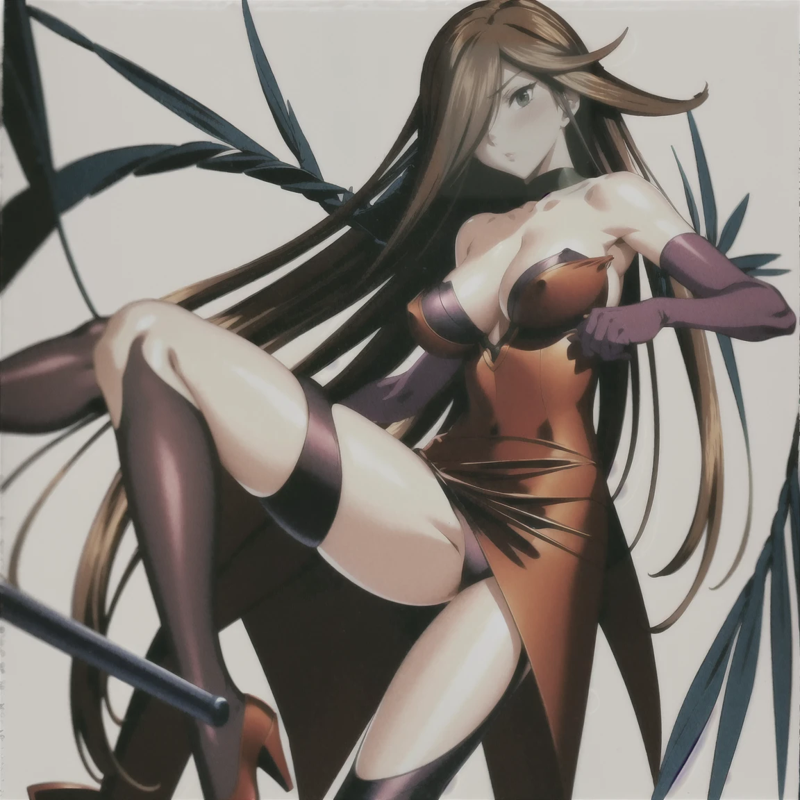 masterpiece, Anime screenshots, 1 Girl, alone, Brown Hair, Long Hair, Green Eyes, Red dress, Cleavage, Bare shoulders, Knee socks, Elbow hand pockets, Black wings, Outdoor, Suppressed, Tentacles, Shuma-Gorath, Cowboy Shot, whole body, elbow gloves, Big Breasts, hair over one eye, messy hair,