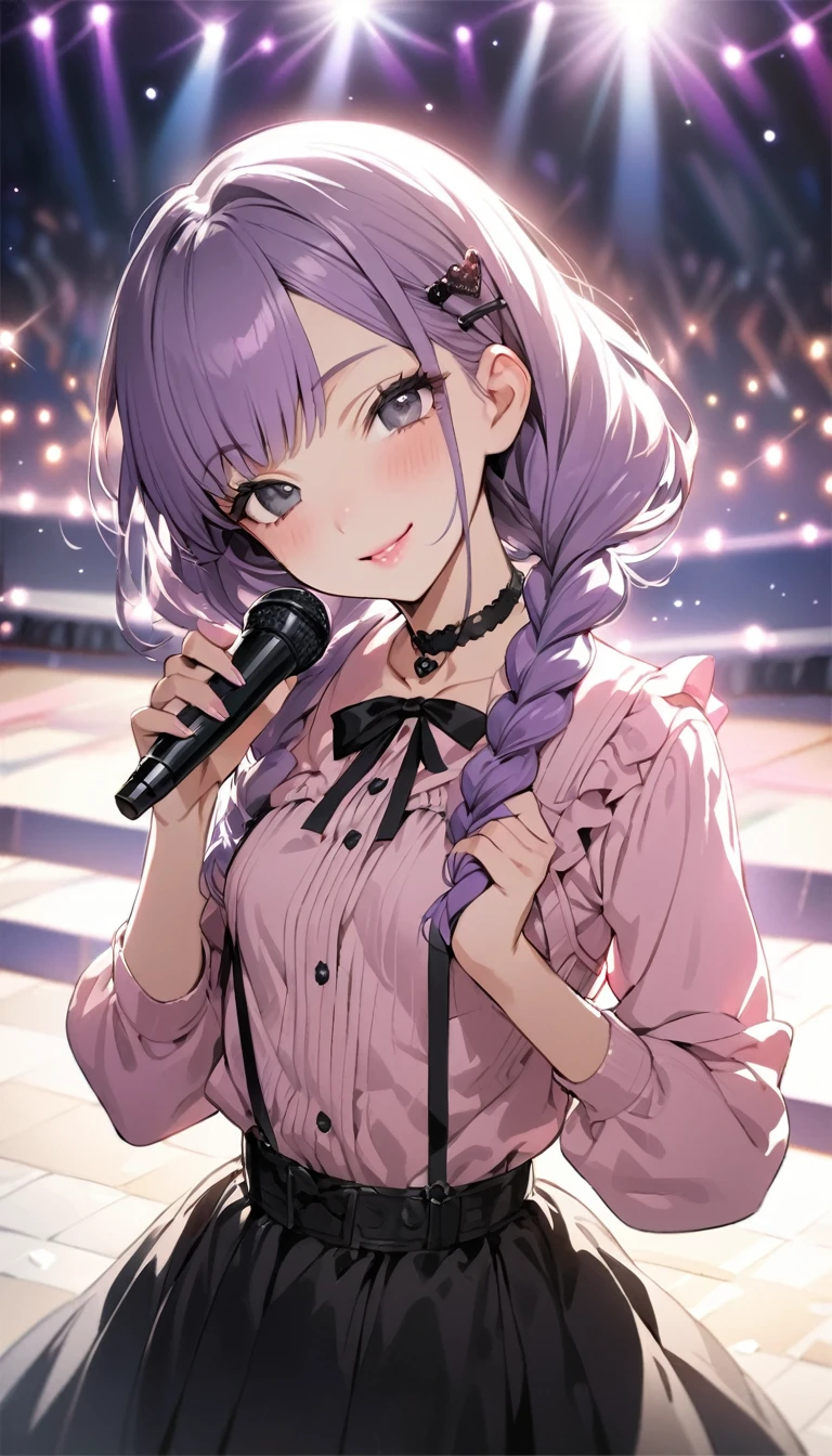 (Cute a girl:1.5), ((a girl with closs hair pin,pale purple hair,wavy two braids,bluntbangs hair,green and black eyes,
pink shirt,cosplay, jirai kei, bangs, black skirt, black bow, looking at viewer, bow, long sleeves, choker, ribbon,pink lips,Thick-soled boots,fullbody shot :1.4),boots focus,
(masterpiece:1.3), anime visual, small breast,slim,The girl holds the microphone in both hands and singing :1.4),(masterpiece:1.3), anime visual, (Lovey-dovey:1.5), (tilt head:1.3), extremely delicate face, soft clean focus, realistic lighting and shading, (an extremely delicate and beautiful art:1.3), elegant,  small breast,slim,smiling,The dazzling lights of the concert venue, the countless purple glow sticks,