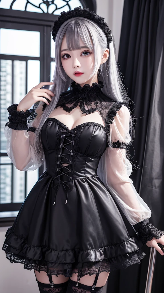 masterpiece, Highest quality, One girl, alone, Long Hair, View your viewers, smile, bangs, hair ornaments, Red eyes, Long sleeve, dress, Are standing, clavicle, Gray Hair, Grey Hair, Alternative costume, Wide sleeves,