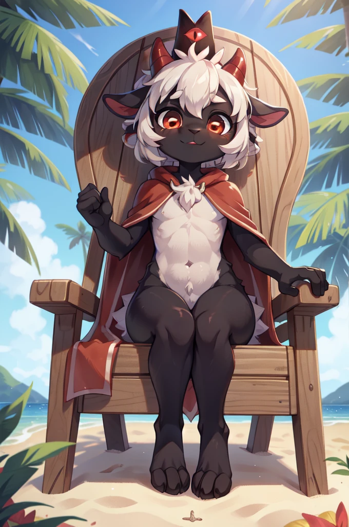 Furry shota, Lamb, "Cult of the lamb", red eyes, clear black body fur, black nose, small horns, white hair, spiky hairstyle, short hair, full body, detailed body fur, detailed body, detailed eyes, glistering body, shiny body, gorgeous body, masterpiece, feets whit three toes, ((crown, red cloak)), sit on beach chair, beach, clear sky,