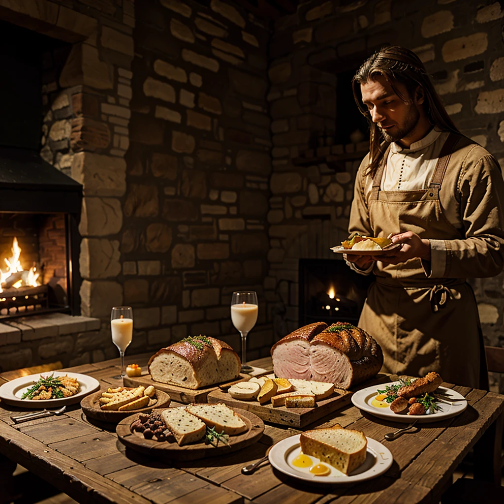 medieval meal in the table, roasted goose, bread and milk