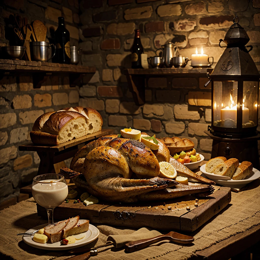 medieval meal in the table, roasted goose, bread and milk